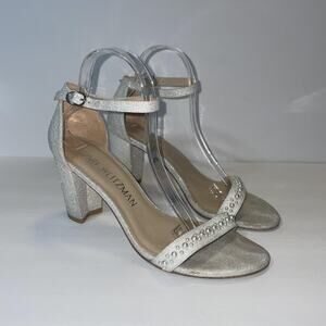 Stuart Weitzman Shoes Womens Size 9 Silver Strappy Block Heel Ankle Strap Beaded